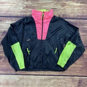 Vintage Columbia Jacket Men M Black Yellow Windbreaker Full Zip 80s Neon